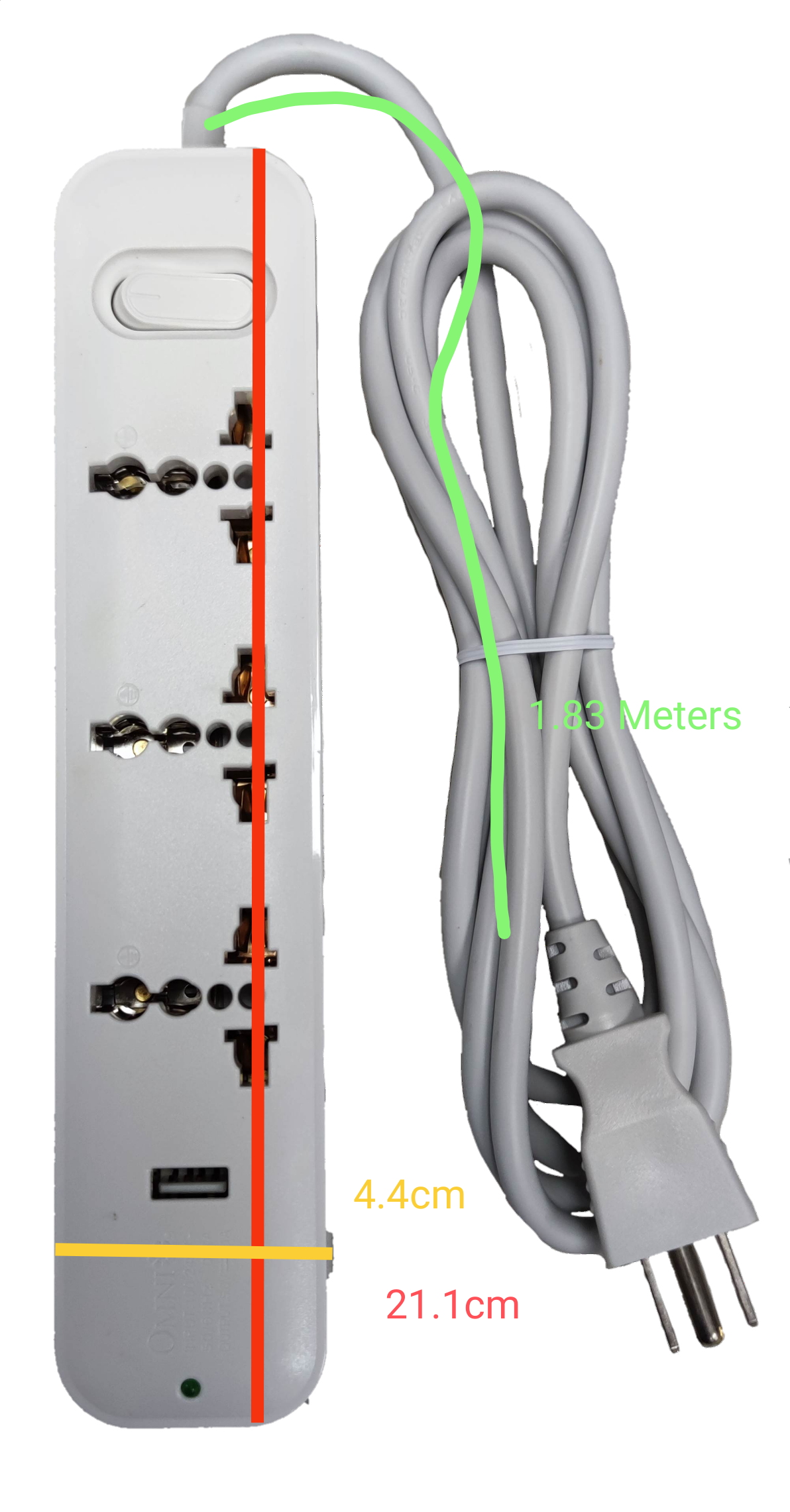 Omni extension cord with USB multiple outlets 1.83 meters long white power strip