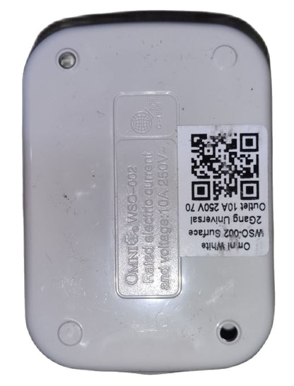 Omni extension outlet 2 gang white power adapter with QR code and electrical rating label