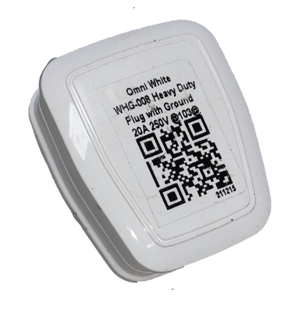 Omni flat pin plug WHG-008 20A 250V with a white casing and informative label on the back