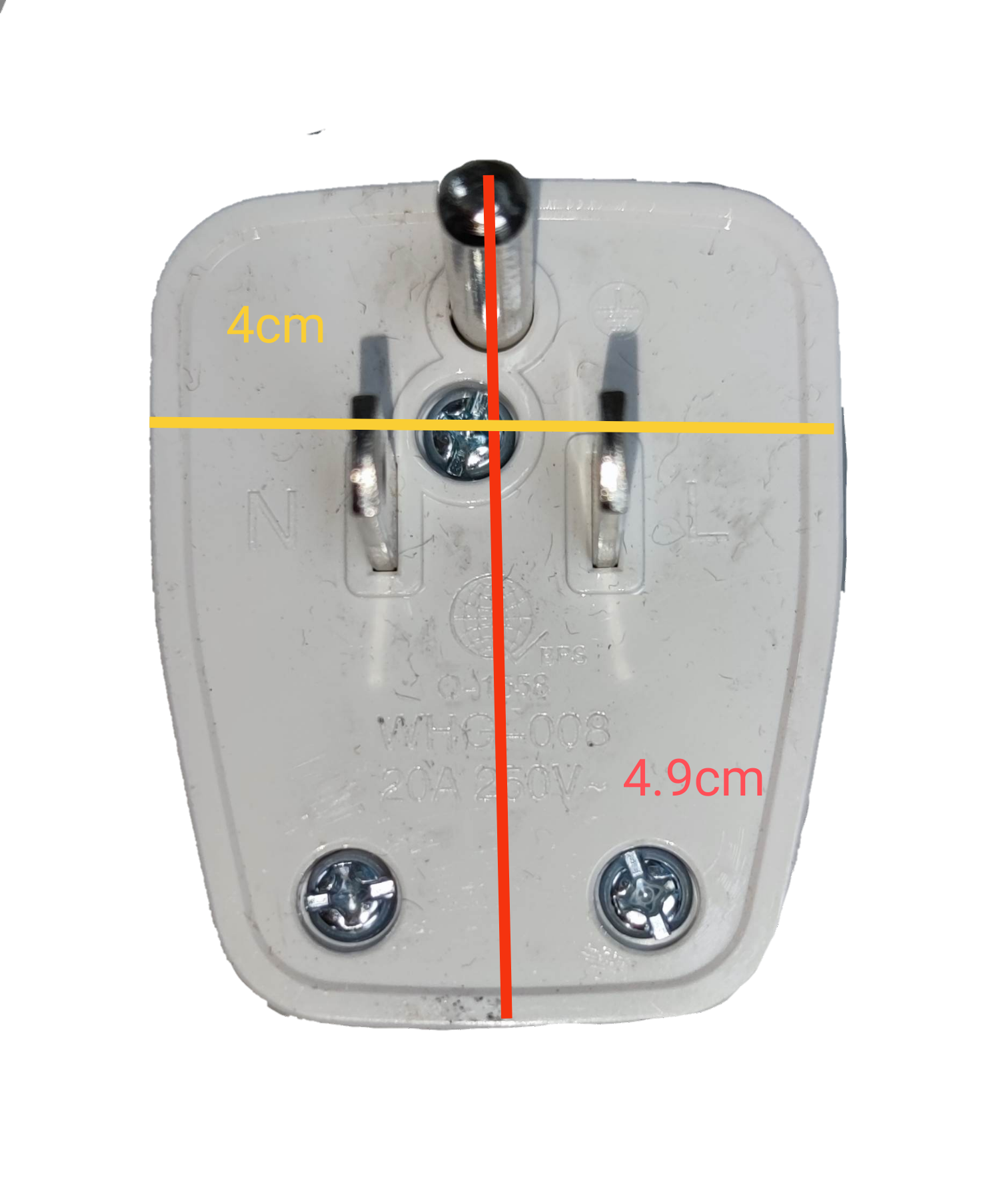 Omni flat pin plug WHG-008 20A 250V featuring three pin design with clear dimensions for electrical use