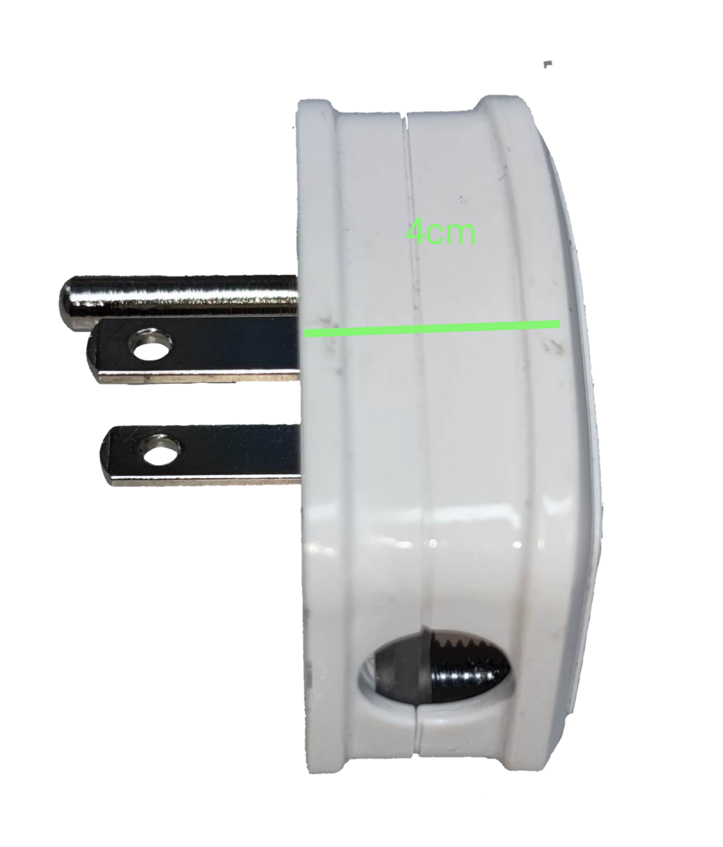 Omni flat pin plug WHG-008 20A 250V side view showing compact design and pin length