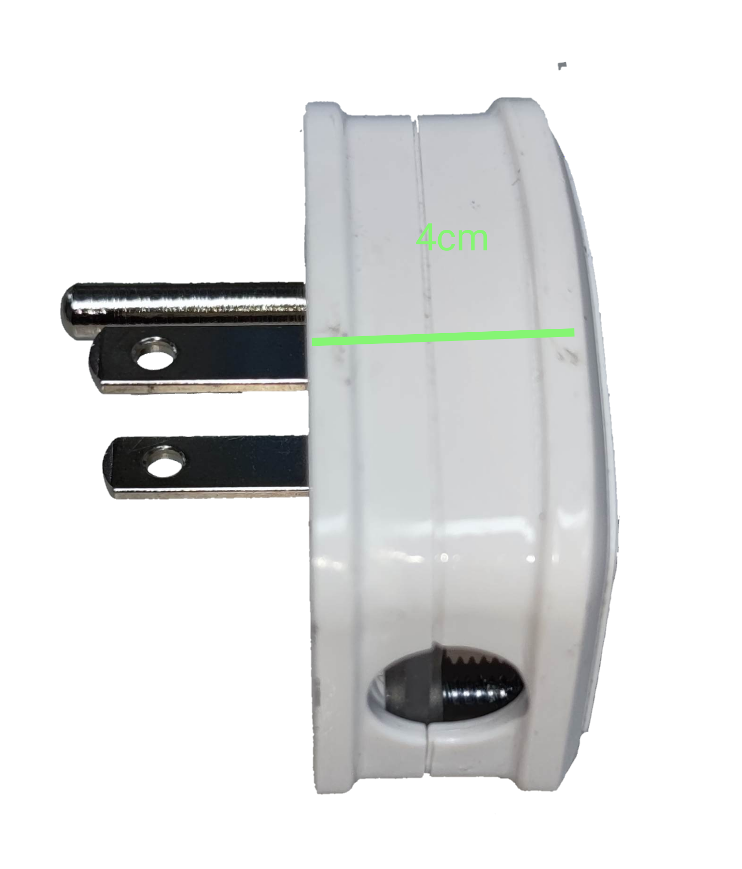 Omni flat pin plug WHG-008 20A 250V side view showing compact design and pin length