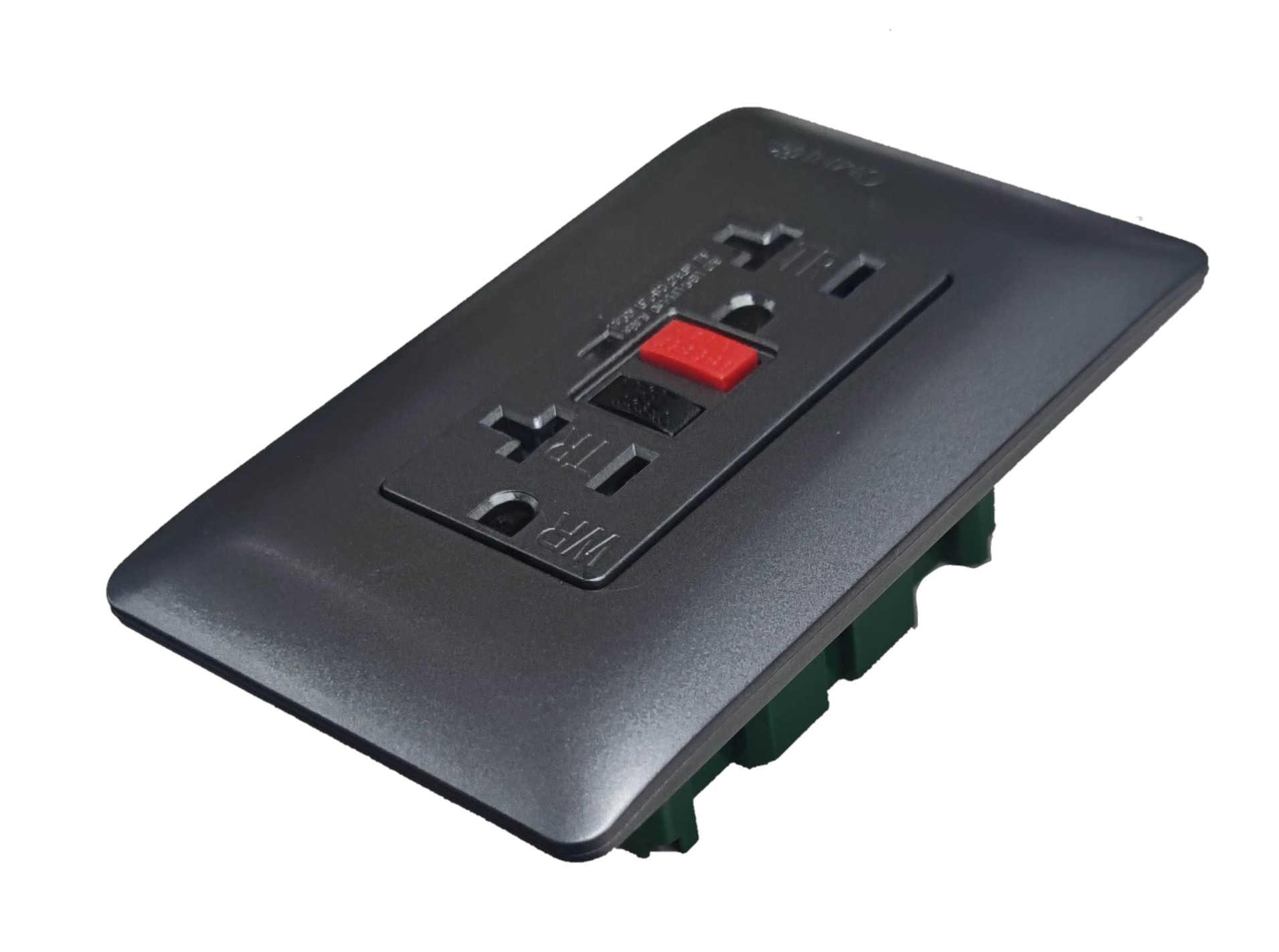 Omni GFCI 2 gang outlet 220V in sleek black design with reset button for safety