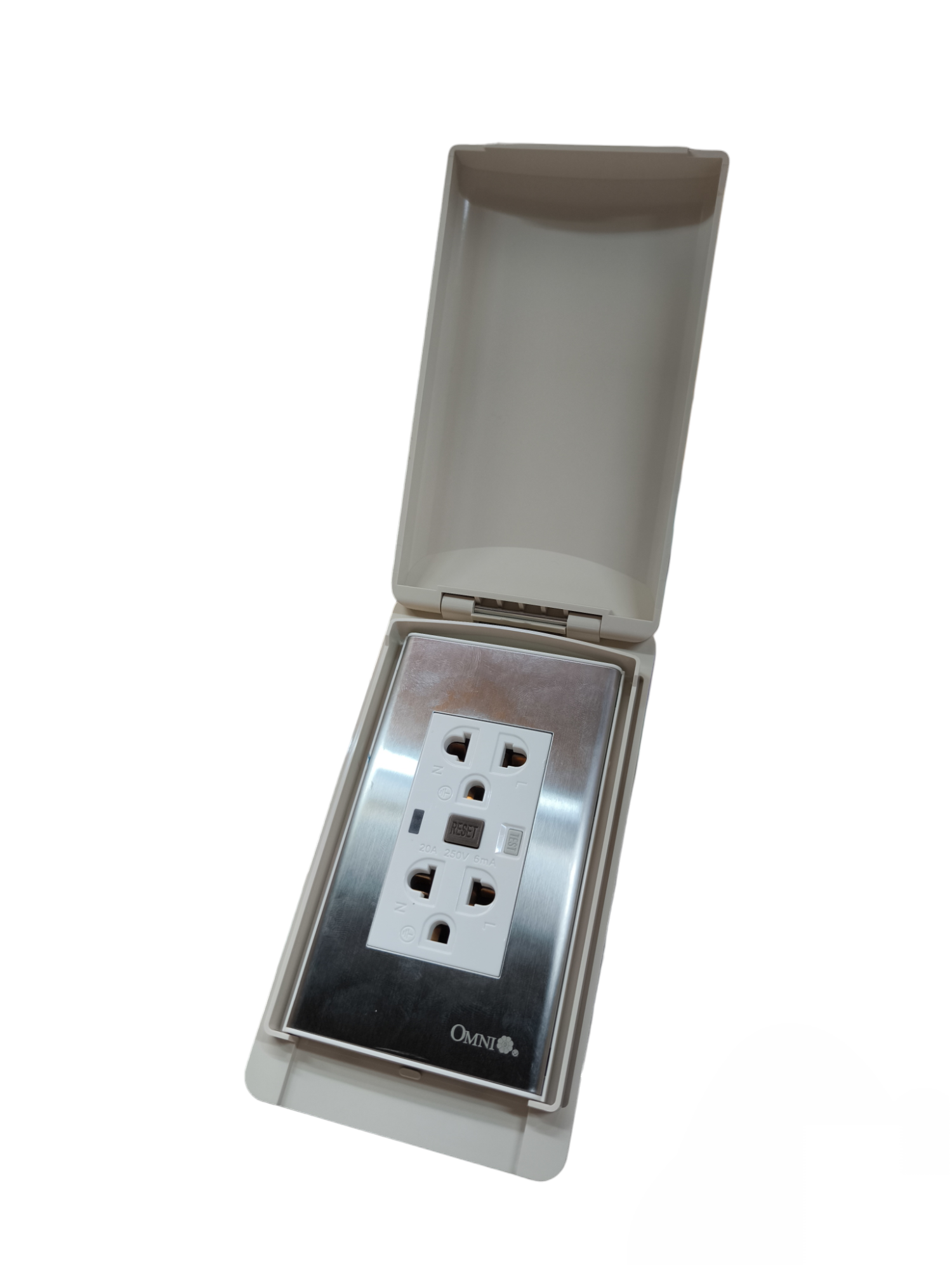 Omni & Royu GFCI Duplex Outlet 20A 250V with protective cover and stainless steel faceplate