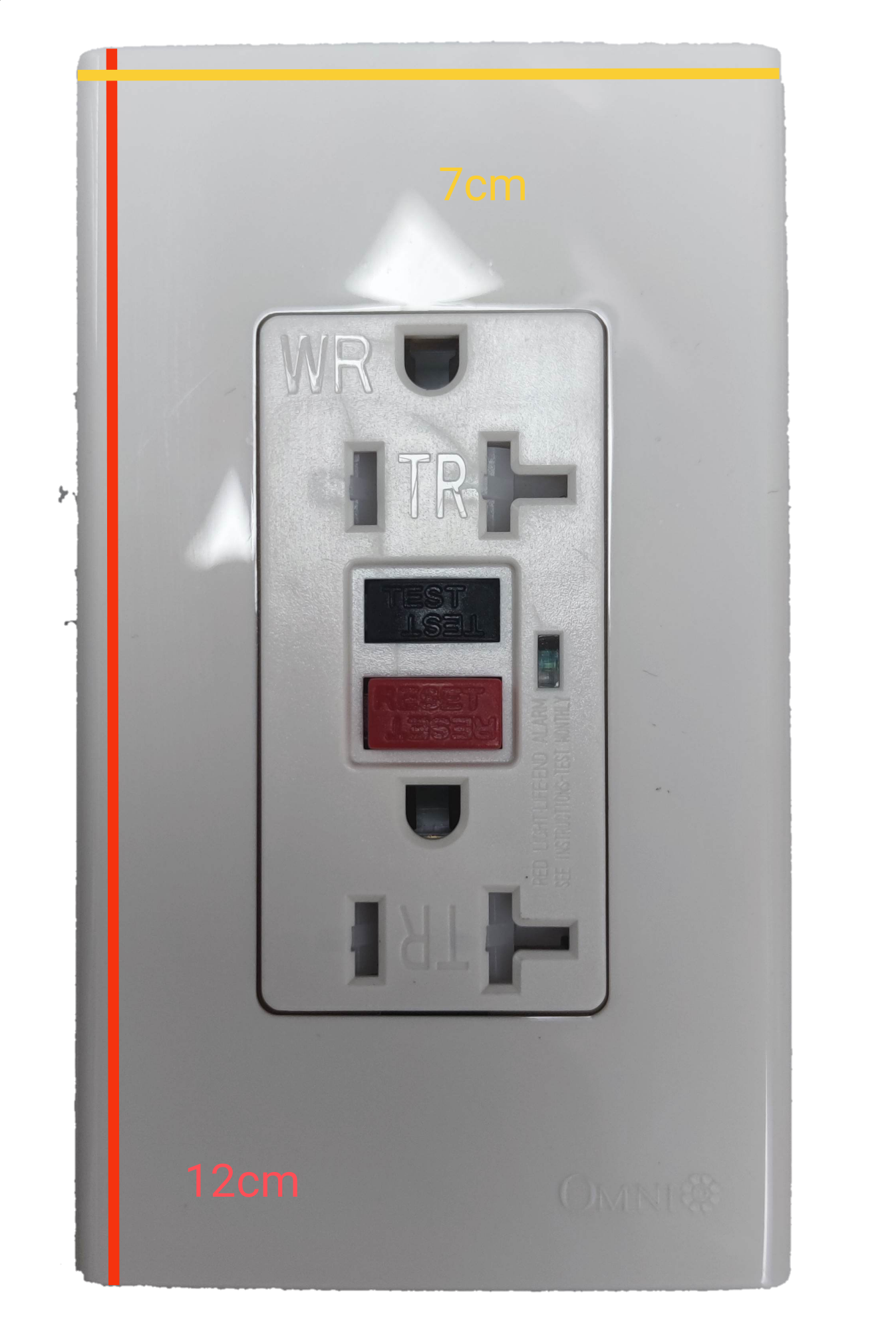 Omni GFCI outlet 20A 220V with two sockets and reset test buttons on a white wall plate