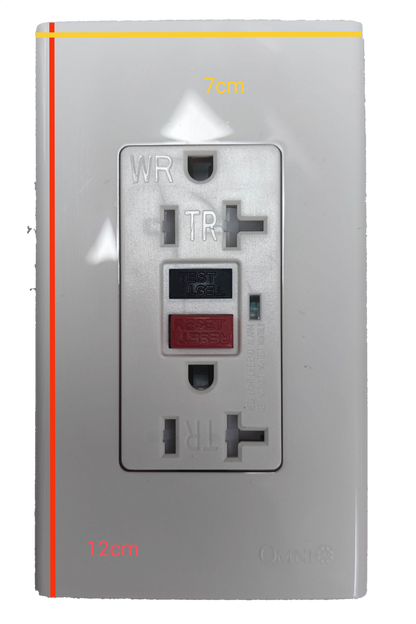 Omni GFCI outlet 20A 220V with two sockets and reset test buttons on a white wall plate