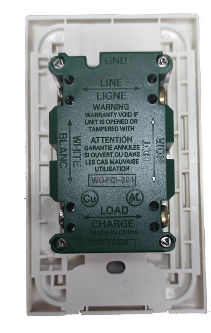 Omni GFCI outlet 20A 220V with detailed wiring instructions for safe installation
