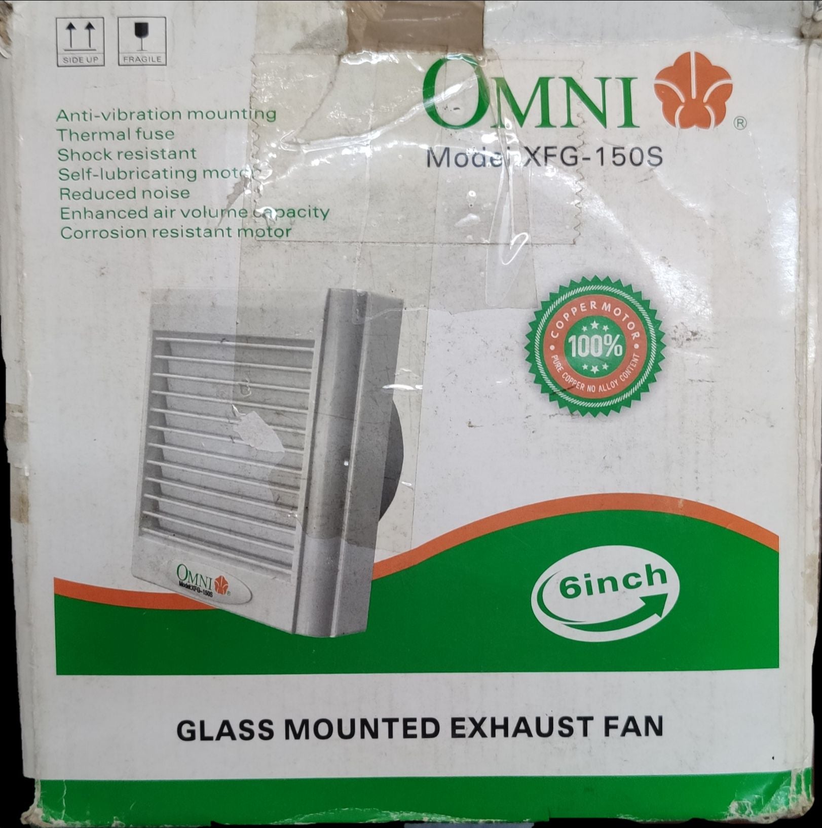 Omni glass mounted exhaust fan model XFG-150S 6 inch with anti-vibration and corrosion resistant motor