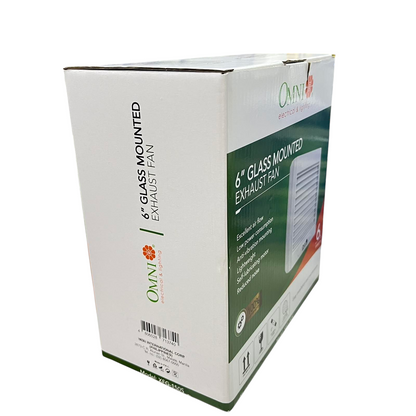 Omni 6 inch glass mounted exhaust fan box showing product packaging and features