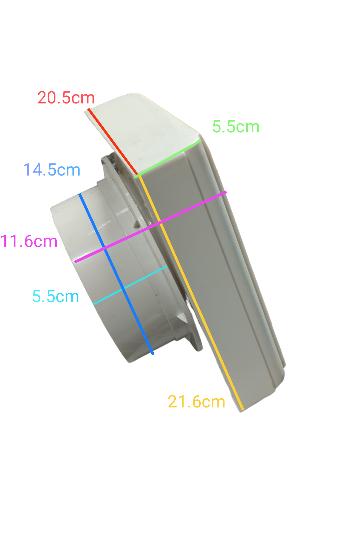 Omni glass mounted exhaust fan side view with detailed dimension measurements on black background