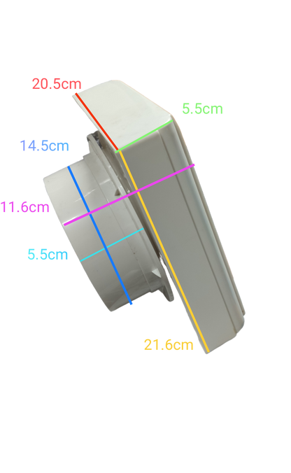 Omni glass mounted exhaust fan side view with detailed dimension measurements on black background