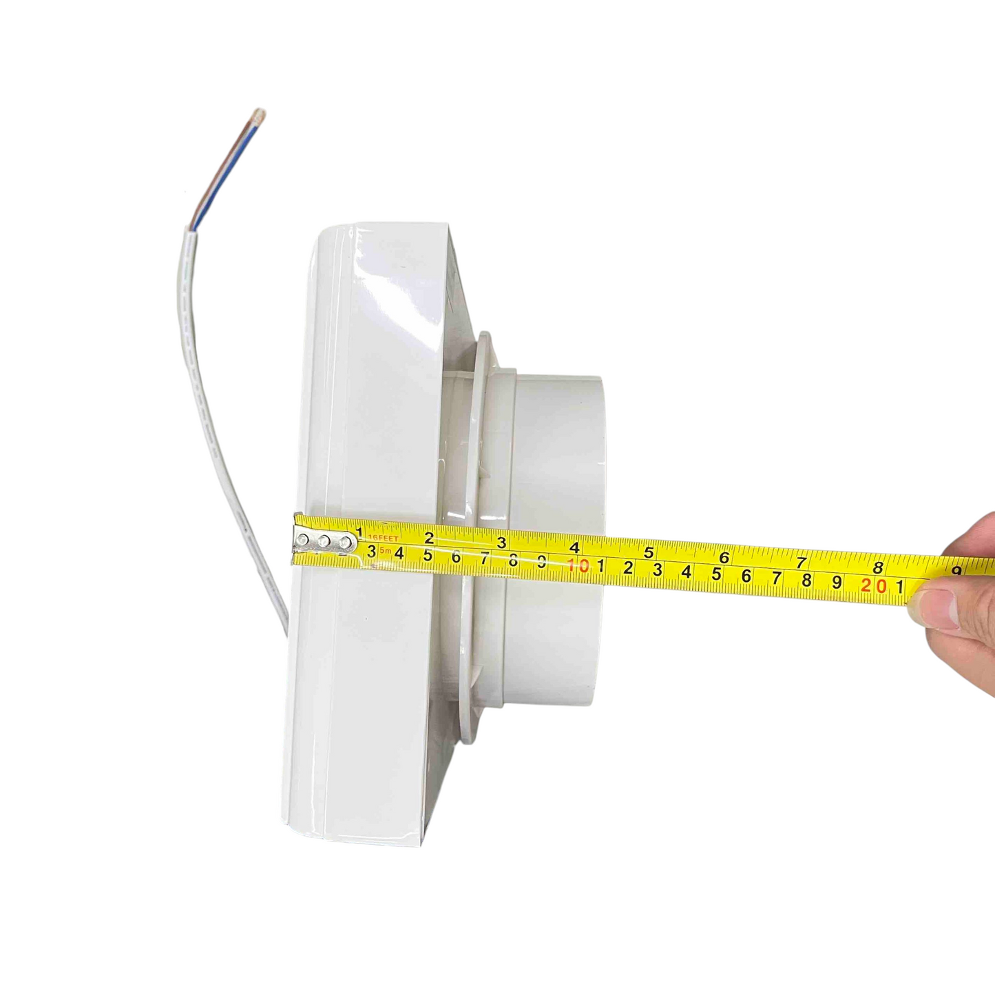 Omni glass mounted exhaust fan side view with measuring tape showing product dimensions