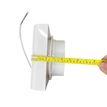 Omni glass mounted exhaust fan side view with measuring tape showing product dimensions