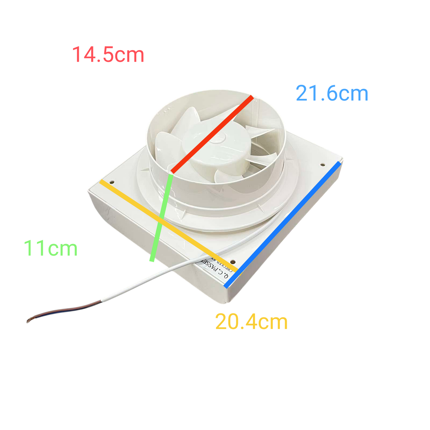 Omni white glass mounted exhaust fan with dimensions highlighting compact design