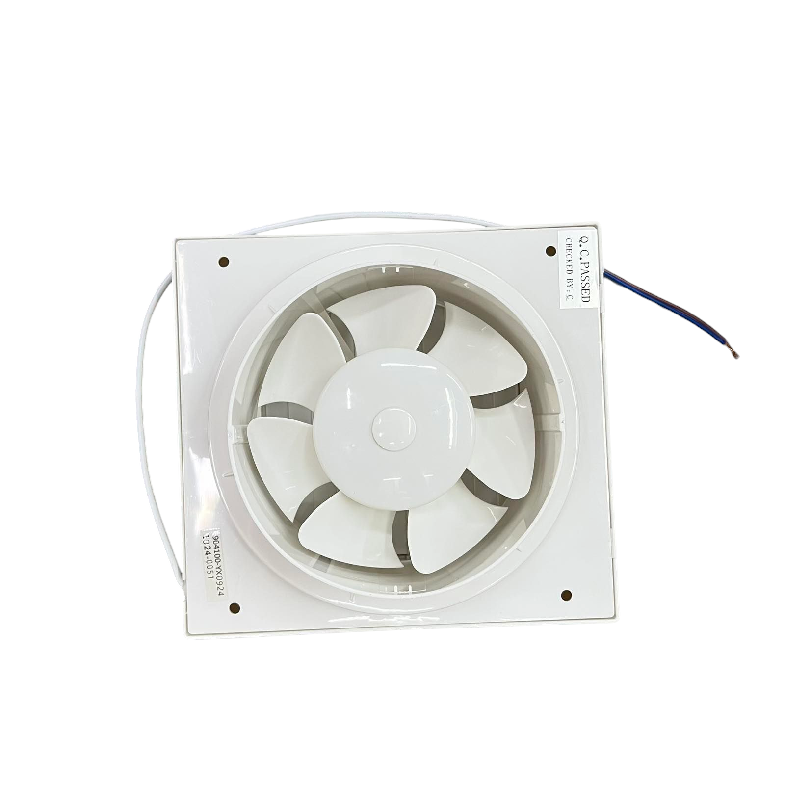 Omni glass mounted exhaust fan with white blades and square frame for ventilation