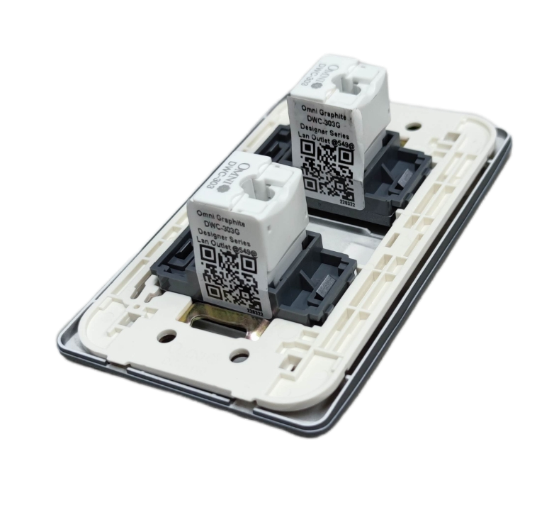 Omni 2 Gang LAN Outlet with Plate showing dual white keystone modules and mounting frame