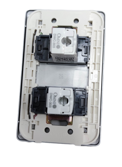 Omni 2 Gang LAN Outlet with Plate showing dual keystone modules and white mounting frame