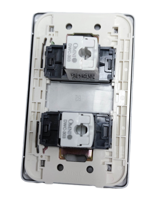 Omni 2 Gang LAN Outlet with Plate showing dual keystone modules and white mounting frame