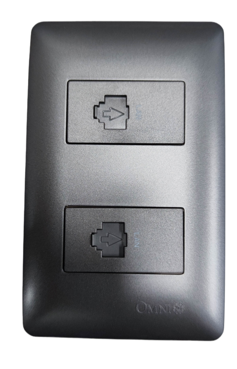 Omni 2 Gang LAN Outlet with Plate metallic gray wall plate showing two covered Ethernet ports