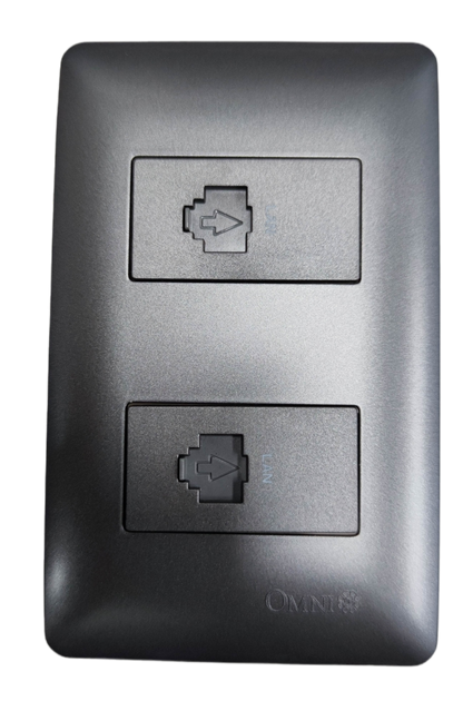 Omni 2 Gang LAN Outlet with Plate metallic gray wall plate showing two covered Ethernet ports