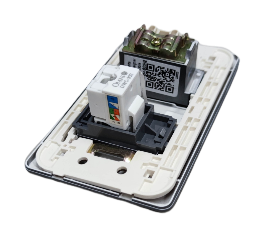 Omni graphite LAN and cable TV outlet wall plate with exposed RJ45 and coax modules white mounting frame