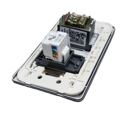 Omni graphite LAN and cable TV outlet wall plate with exposed RJ45 and coax modules white mounting frame