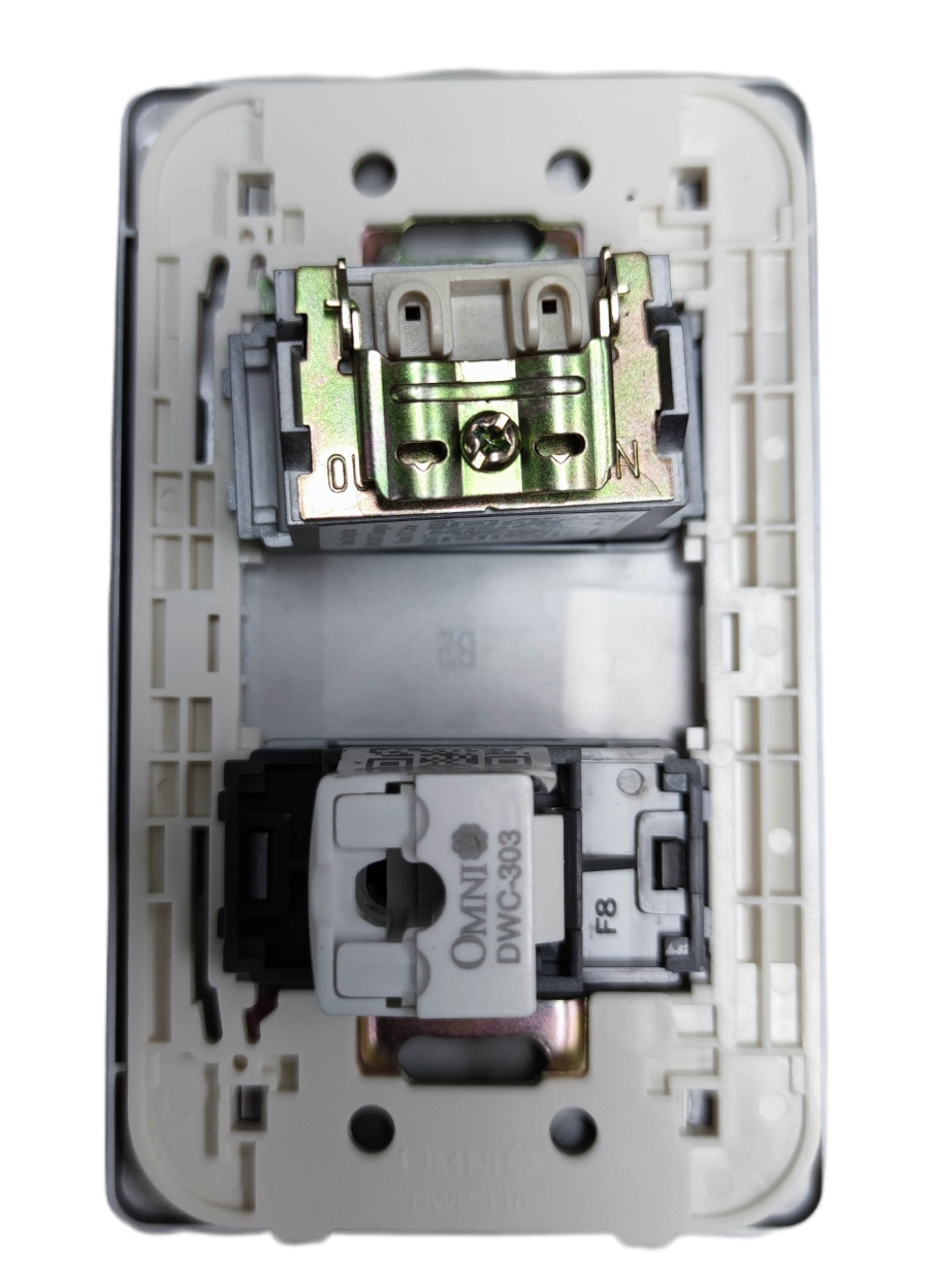 Omni graphite LAN and cable TV outlet dual module wall plate showing internal mounting frame and connectors