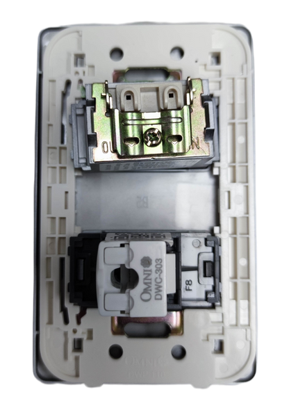 Omni graphite LAN and cable TV outlet dual module wall plate showing internal mounting frame and connectors