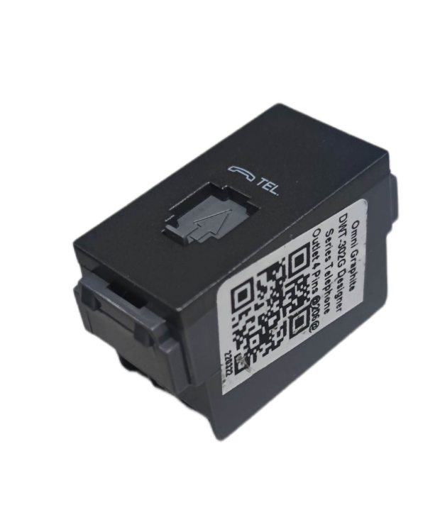 Omni graphite telephone wall jack keystone module with RJ11 port and QR code label for wall plate installation