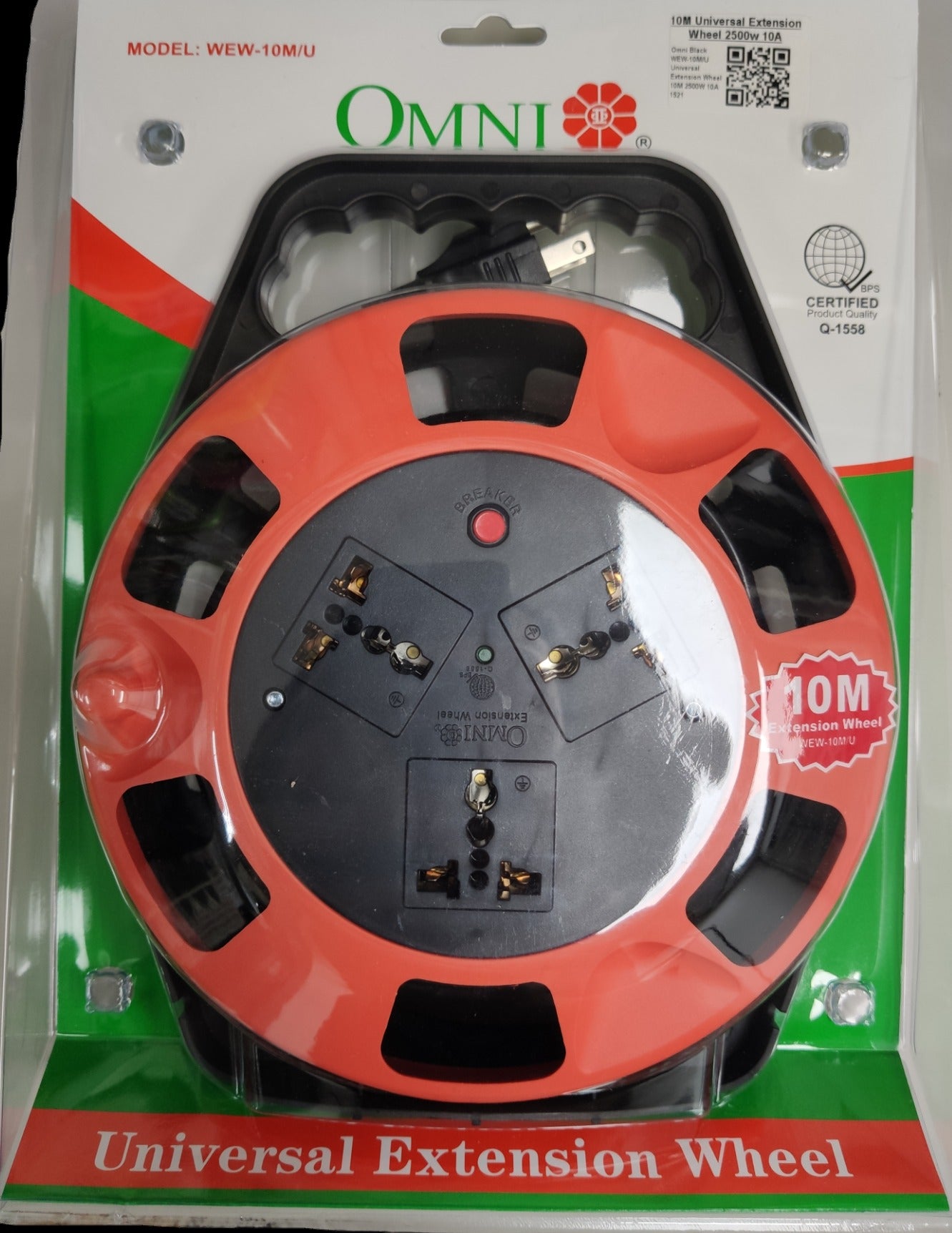 Omni heavy duty 3 gang extension cord with 10 meter universal extension wheel in red and black