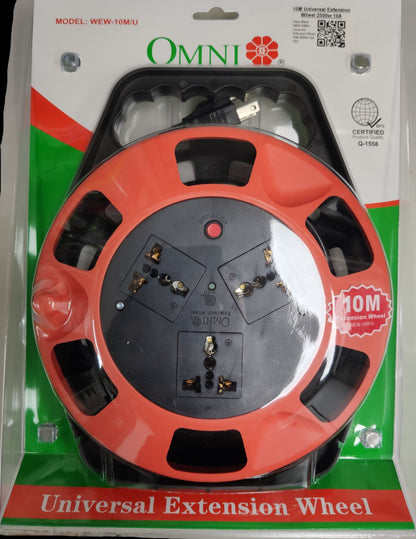 Omni heavy duty 3 gang extension cord with 10 meter universal extension wheel in red and black