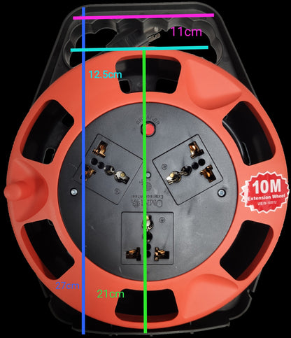Omni heavy duty 3 gang extension cord with 10 meter cable on orange and black reel