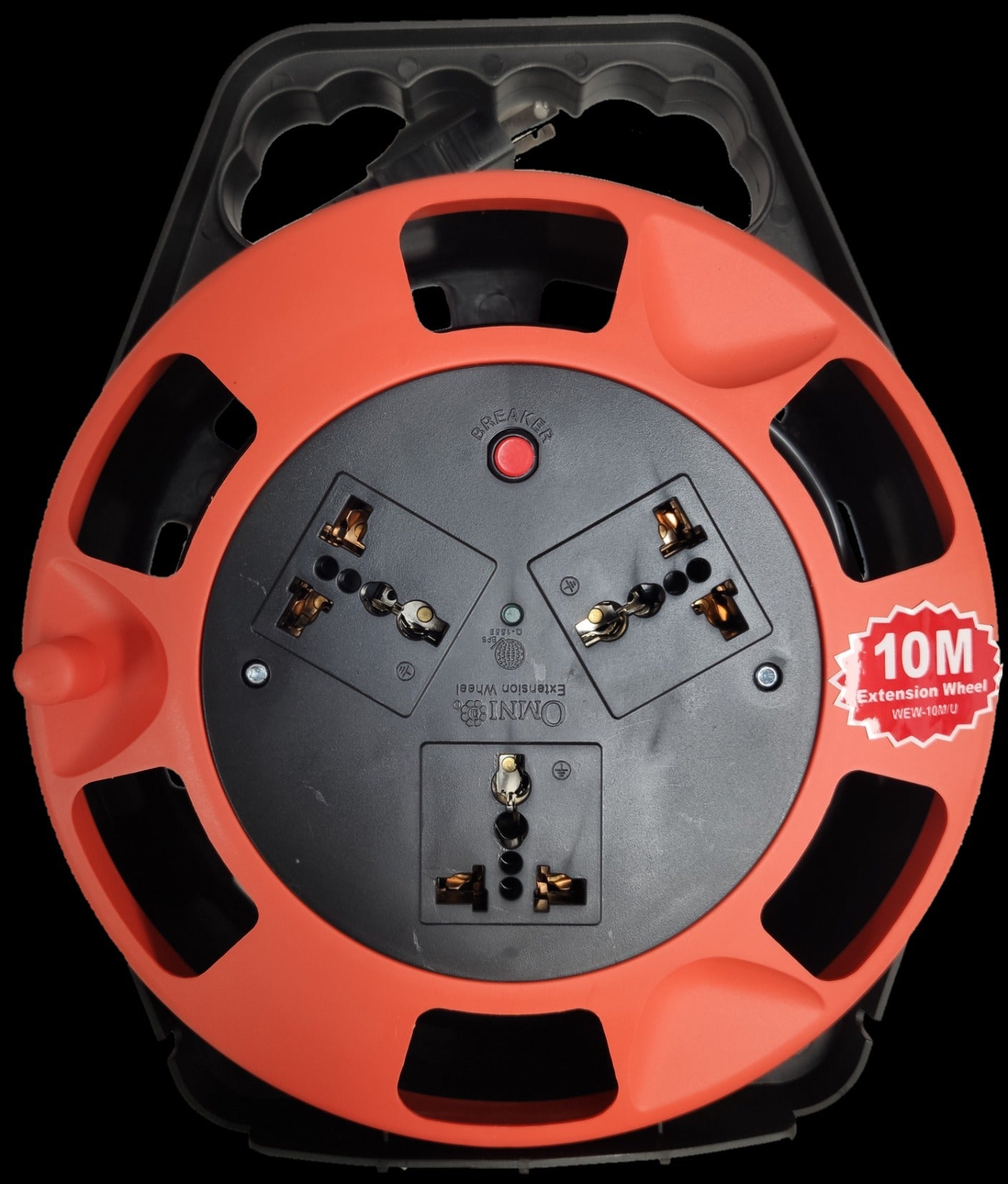 Omni heavy duty 3 gang extension cord with 10 meter extension wheel in orange and black
