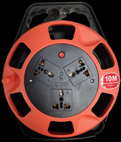 Omni heavy duty 3 gang extension cord with 10 meter extension wheel in orange and black