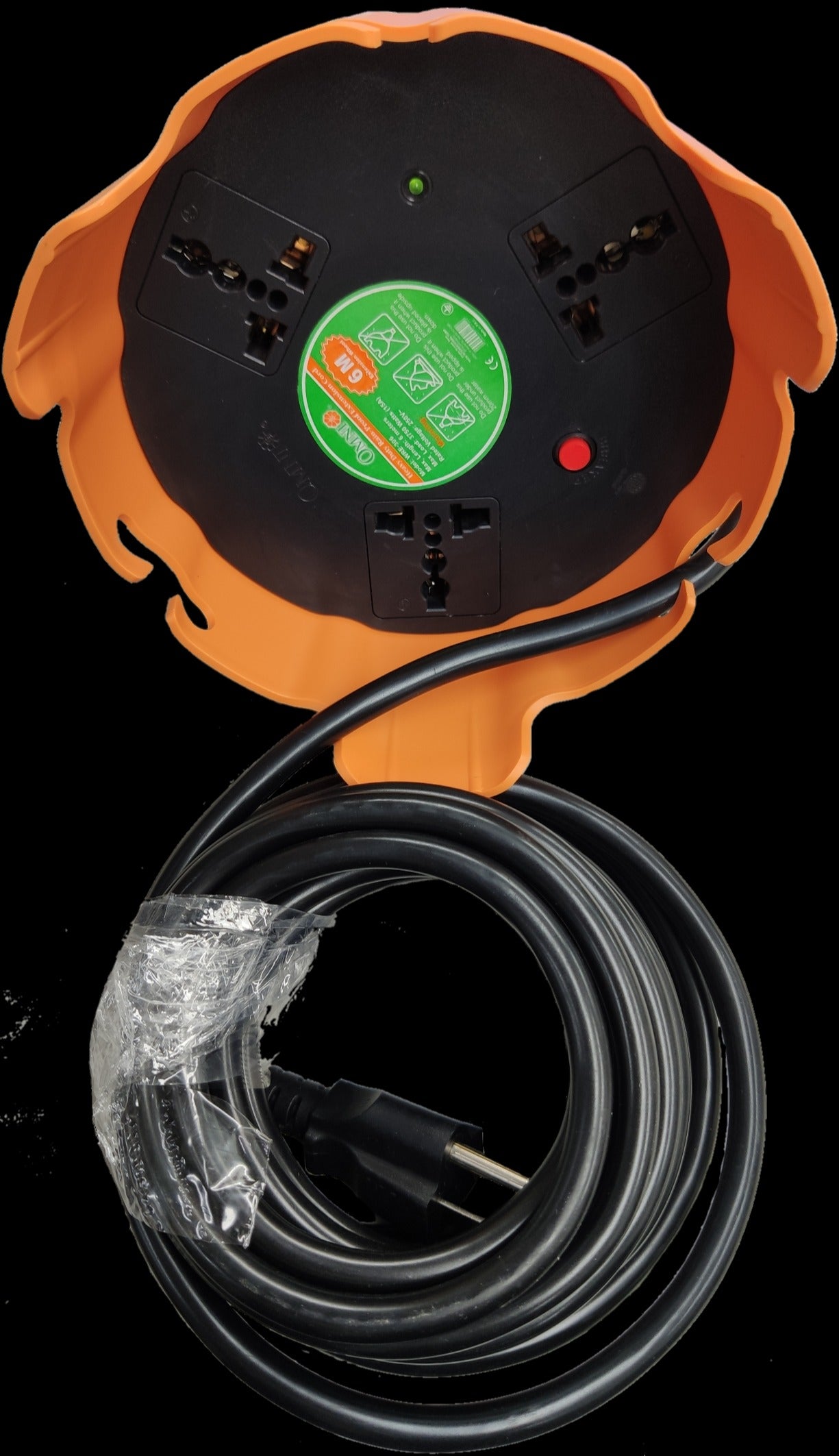 Omni heavy duty rain-proof extension cord with multiple outlets and long black power cable