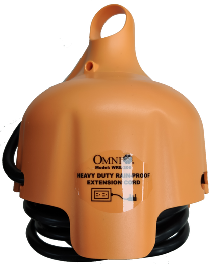 Omni heavy duty rain-proof extension cord with orange protective casing and built-in handle