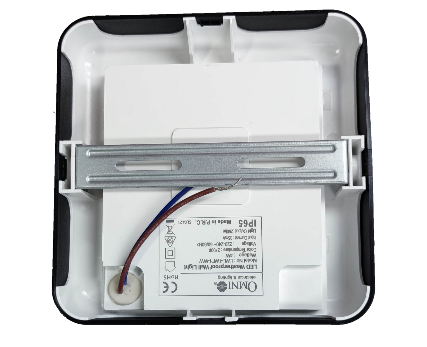 Back view of Omni IP65 outdoor LED wall lamp 2700K showing installation components and wiring