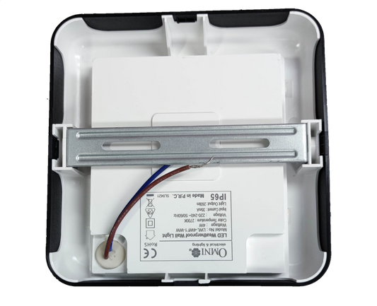 Back view of Omni IP65 outdoor LED wall lamp 2700K showing installation components and wiring