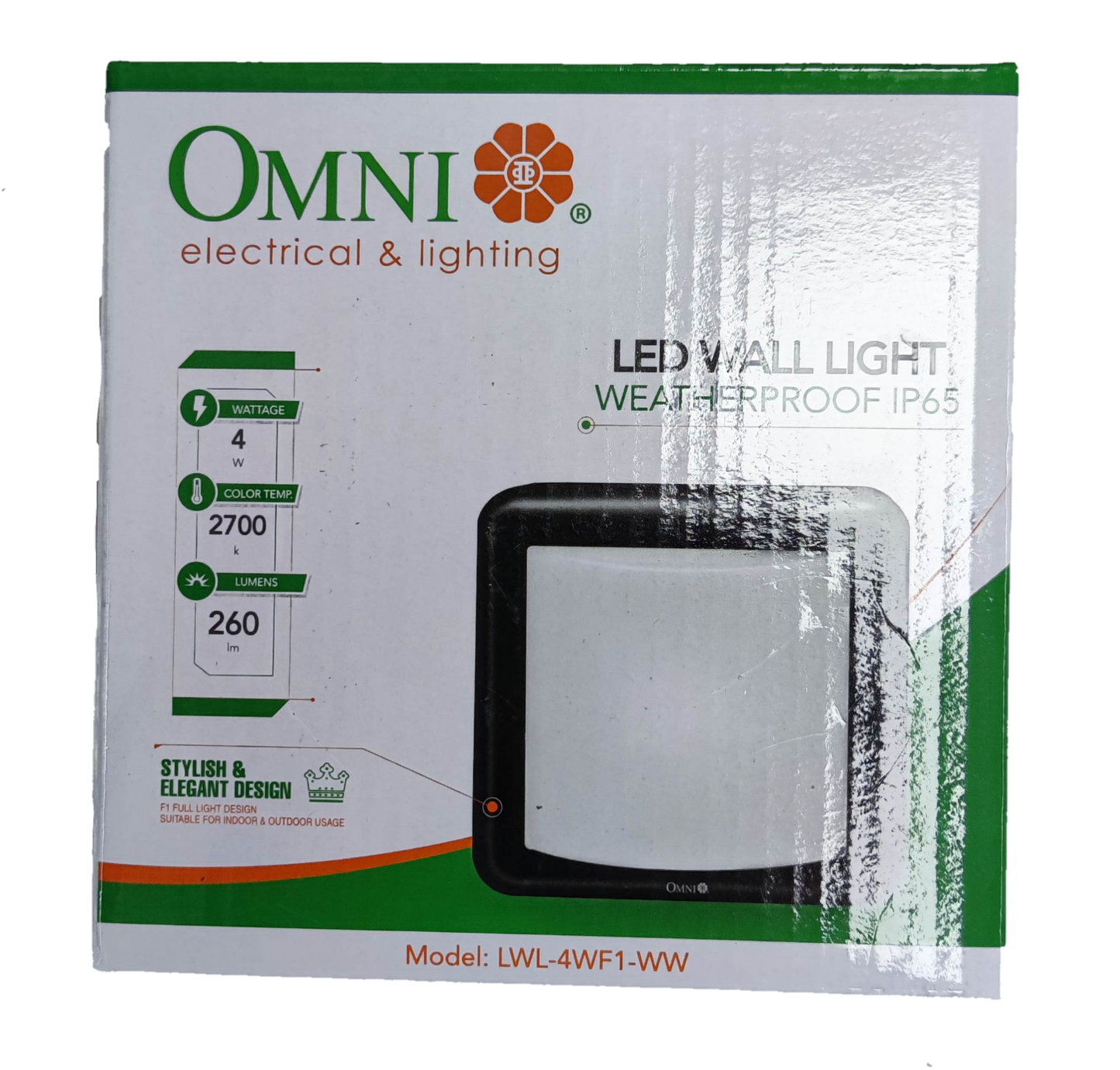 Omni IP65 outdoor LED wall lamp 2700K packaging showing stylish design and energy details