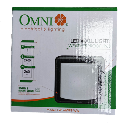 Omni IP65 outdoor LED wall lamp 2700K packaging showing stylish design and energy details