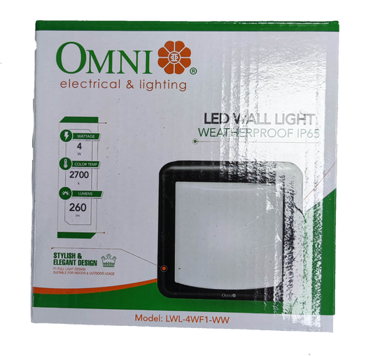Omni IP65 outdoor LED wall lamp 2700K packaging showing stylish design and energy details