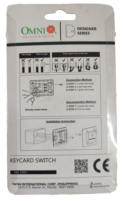 Omni key card switch 16A 220V packaging with installation instructions and connection details