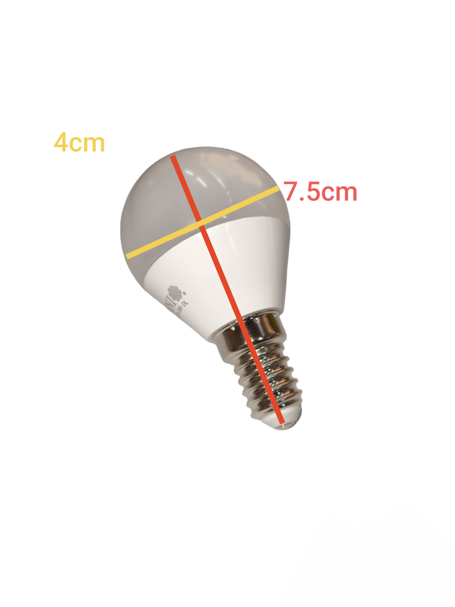 Omni LED bulb with measurements showing 4cm diameter and 7.5cm length for energy-efficient lighting