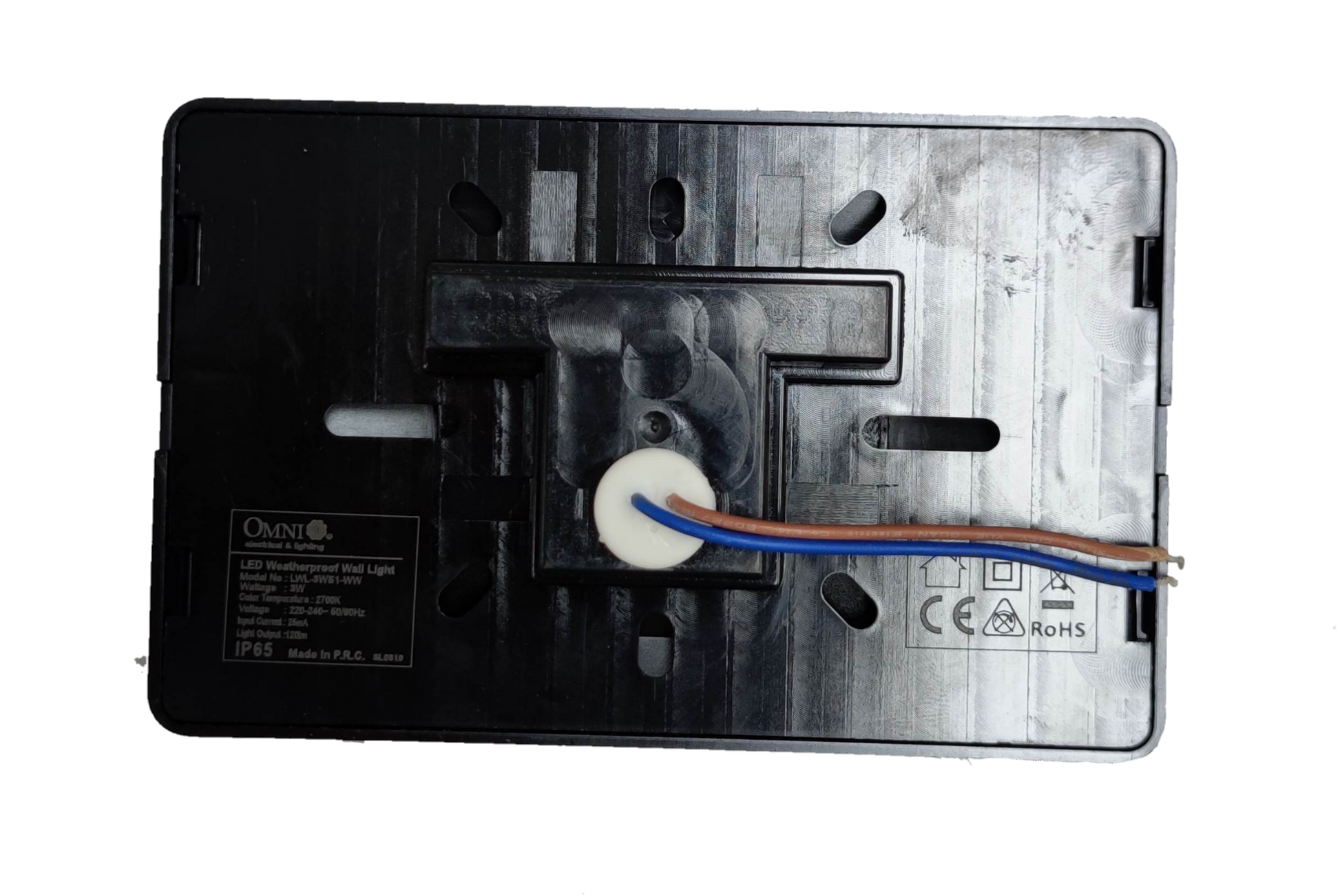 Back view of Omni LED wall light IP65 LWL-3WS1-WW showing wiring and mounting details