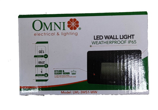 Omni LED wall light IP65 LWL-3WS1-WW packaging featuring elegant design and waterproof features