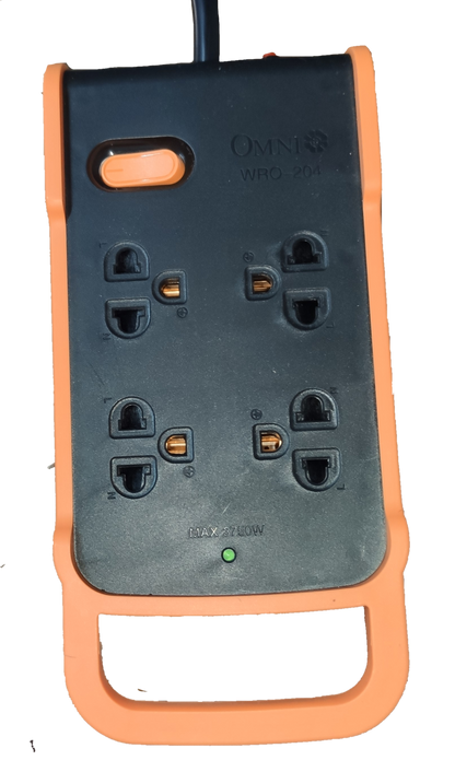Omni multi outlet power strip heavy duty with four universal sockets and orange protective casing