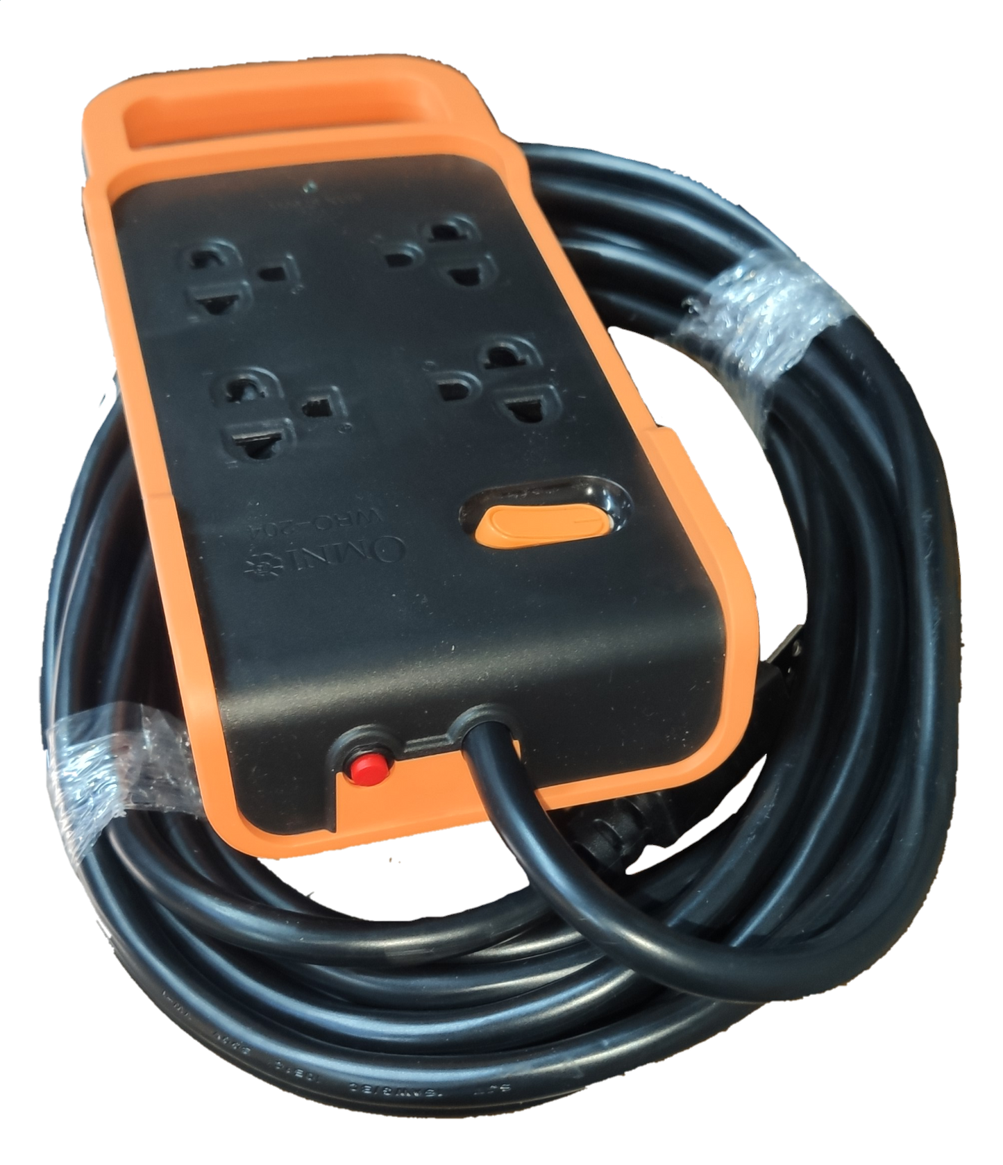 Omni multi outlet power strip heavy duty with orange and black design and long black extension cord