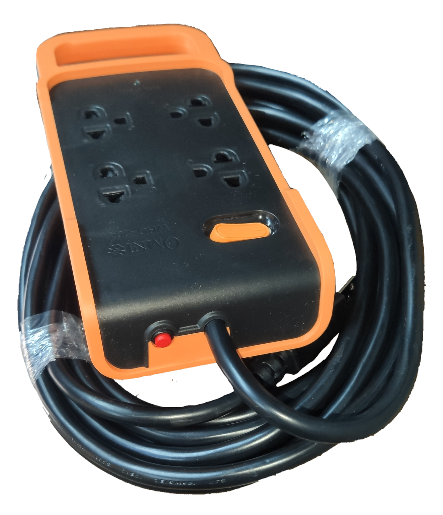 Omni multi outlet power strip heavy duty with orange and black design and long black extension cord