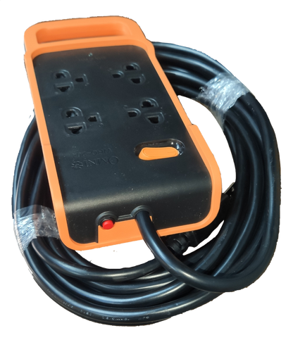 Omni multi outlet power strip heavy duty with orange and black design and long black extension cord