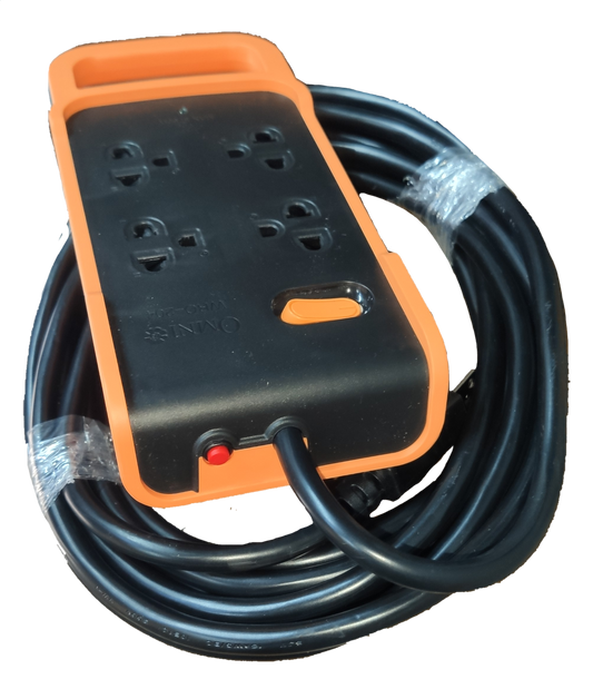 Omni multi outlet power strip heavy duty with orange and black design and long black extension cord